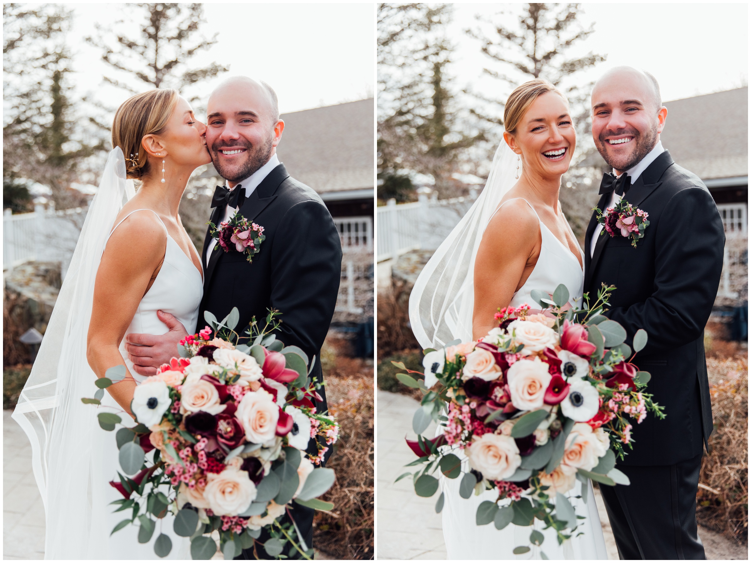 Bride and groom portrait at Red Lion Inn winter wedding in Cohasset MA